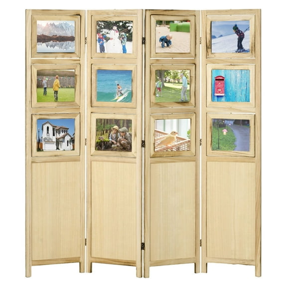 Wood Room Divider 4 Panel - Folding Privacy Screen with Photo Frames, Natural Finish, 63" W x 67" H