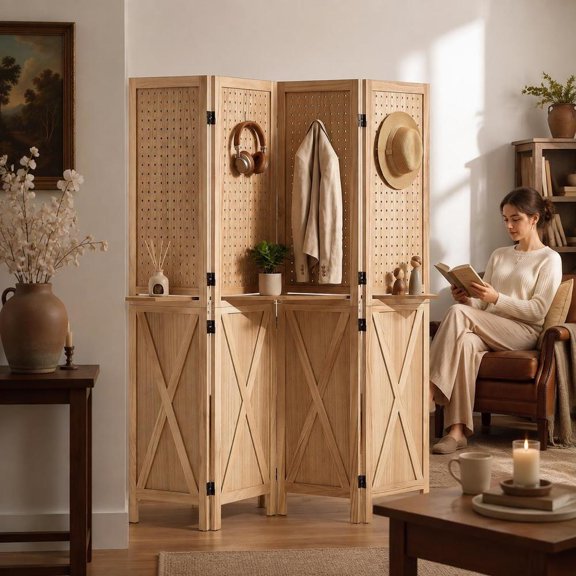 Wood Room Divider, 4-Panel Folding Privacy Screen with Shelves, Solid Frame, X Pattern, 360 Two-Way Hinges, Paulownia Wood and Mdf