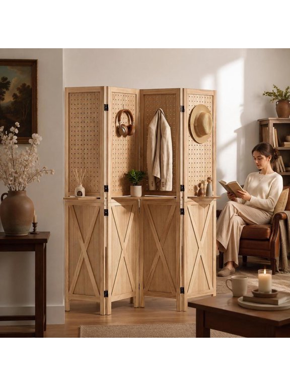 Wood Room Divider, 4-Panel Folding Privacy Screen with Shelves, Solid Frame, X Pattern, 360 Two-Way Hinges, Paulownia Wood and Mdf