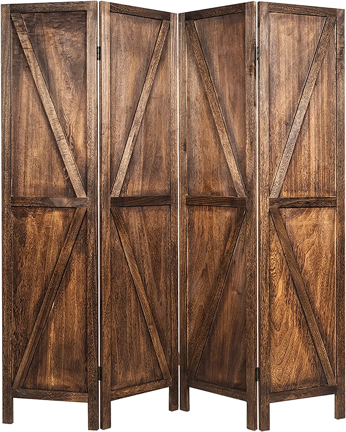 Wood Room Divider, 4 Panels Portable Folding Partition Screen with VShaped Long Edge Ornament