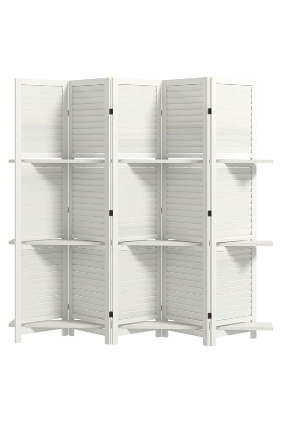 Wood Room Divider 5 Panel, 67" Tall Privacy Screen with Shelves - White Paulownia Wood Folding Partition for Home, Office, Bedroom