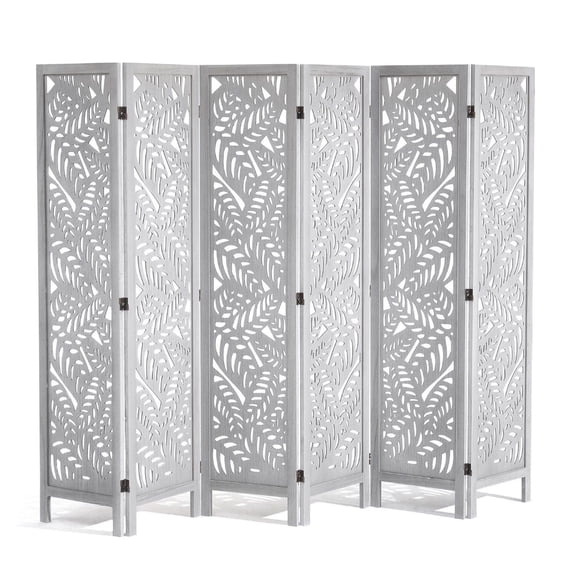 Wood Room Divider 6 Panel, 66.9" Tall Folding Privacy Screen, Carved Wooden Partition for Home Office Bedroom, Bohemian Style Portable Decoration