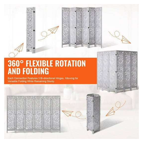 Wood Room Divider, 6 Panel Folding Screen, 66.9" Tall Wooden Partition, Portable Privacy Screen for Home, Office, Bedroom & Restaurant, Bohemian Style