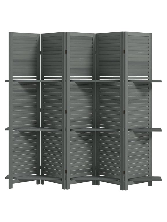 Wood Room Divider 67" Tall, 5 Panel Folding Privacy Screen with 3 Shelves - Gray Paulownia Wood Room Partition for Home, Office, Bedroom