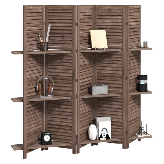 Wood Room Divider 67" Tall, 5 Panel Folding Privacy Screen with 3 Shelves - Walnut Finish