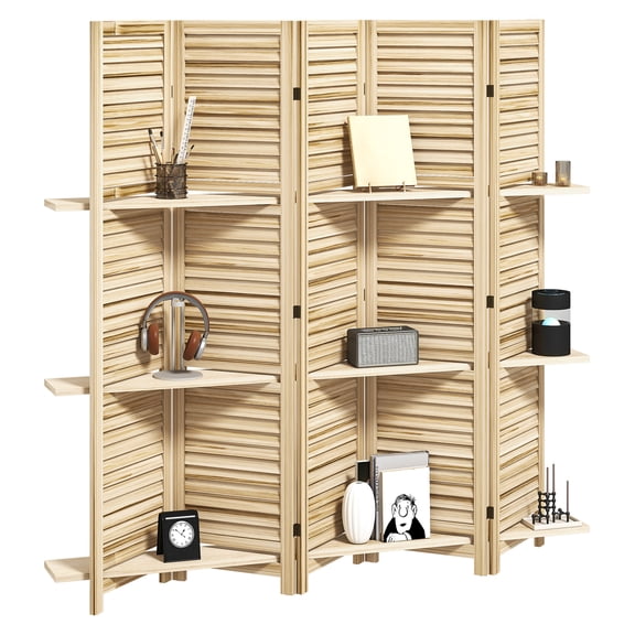 Wood Room Divider 67" Tall - 5 Panel Folding Privacy Screen with Shelves - Paulownia Wood Room Partition for Home, Office, Bedroom - Natural Finish