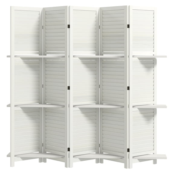 Wood Room Divider 67" Tall 5 Panel Privacy Screen with 3 Shelves - Folding Wood Partition for Bedroom, Office, Living Room - White