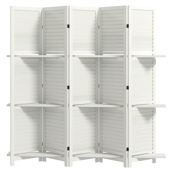 Wood Room Divider 67" Tall 5 Panel Privacy Screen with Shelves - Folding Wood Partition for Bedroom, Living Room, Office - White