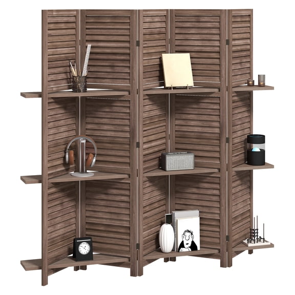 Wood Room Divider 67" Tall 5 Panel Privacy Screen with Shelves - Walnut Folding Partition for Home, Office, Bedroom, Living Room, Paulownia Wood