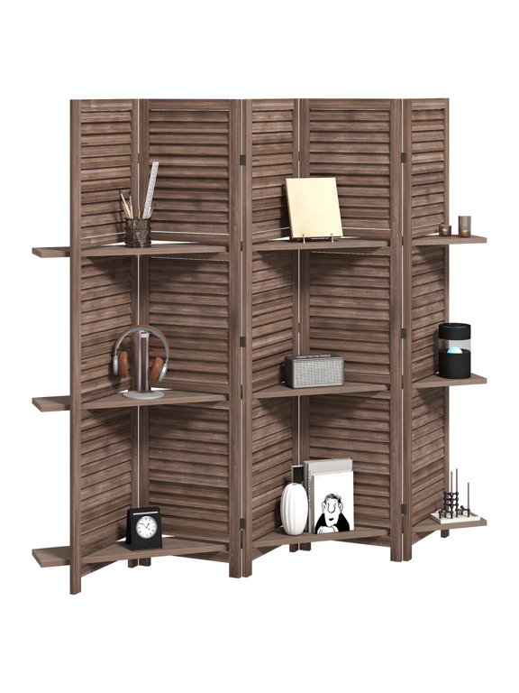 Wood Room Divider 67" Tall 5 Panel Privacy Screen with Shelves - Walnut Folding Partition for Home, Office, Bedroom, Living Room, Paulownia Wood