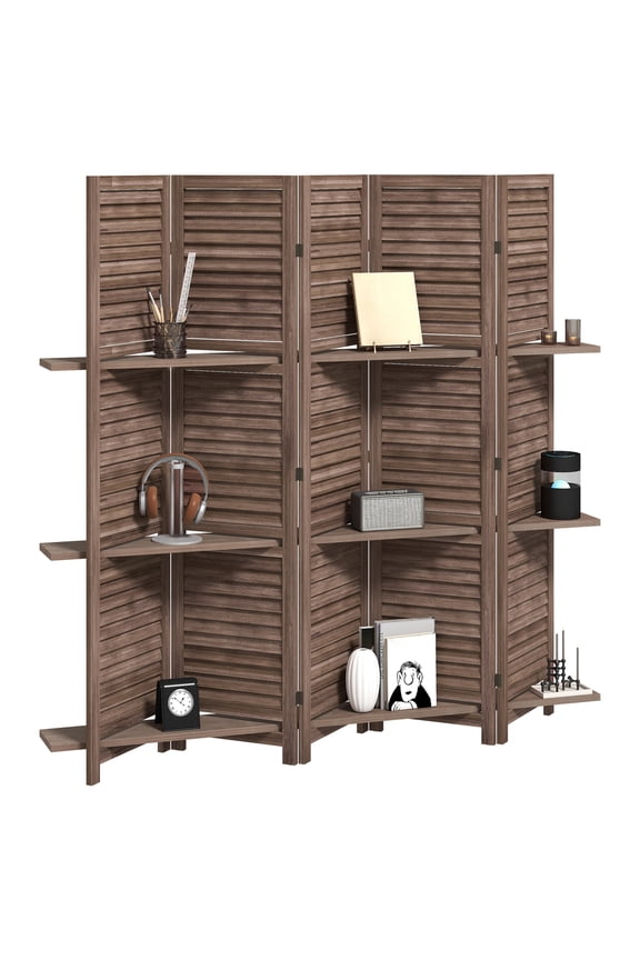 Wood Room Divider 67" Tall 5 Panel Privacy Screen with Shelves - Walnut Folding Partition for Home, Office, Bedroom, Living Room, Paulownia Wood