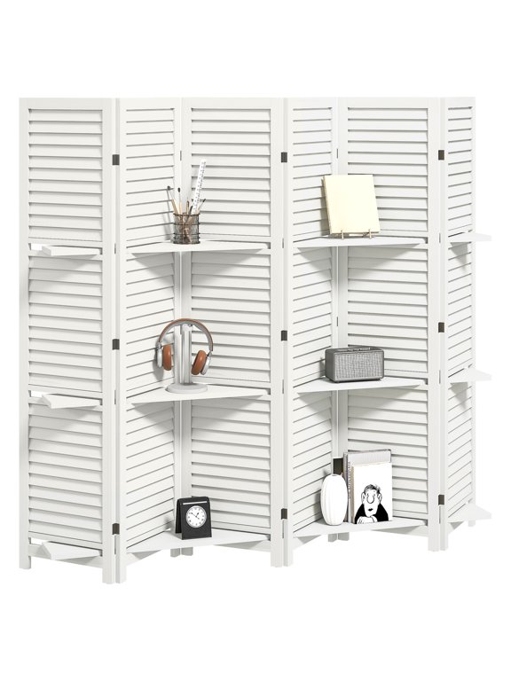 Wood Room Divider 67" Tall - 6 Panel Folding Privacy Screen with 3 Shelves - White Paulownia Wood Room Partition for Home, Office, Bedroom