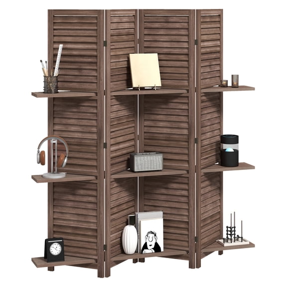 Wood Room Divider 67" Tall Privacy Screen 4 Panel Folding Storage Shelves Walnut