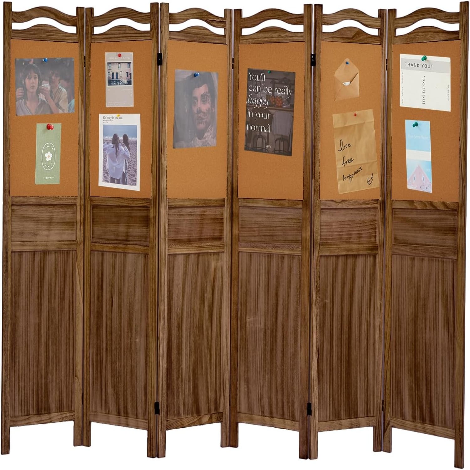 Wood Room Divider with Cork Board for Decoration 5.6FT Room Divider