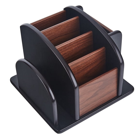 Wood Rotating Remote Caddy, Spinning Remote Control Holder for Table, 6-Compartment Wooden Revolving Office Supplies Desktop Storage Organizer for Pen, Pencil, Mail, Desk, Home, Living Room