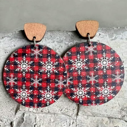 Wood Round Circle Print Snowflake Buffalo Reindeer Statement Christmas Earrings