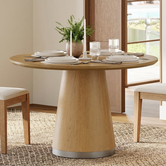 Wood Round Dining Table With Pedestal Base for 2-4, 43" Kitchen Table for Small Space, Apartment, Brown Wood Grain