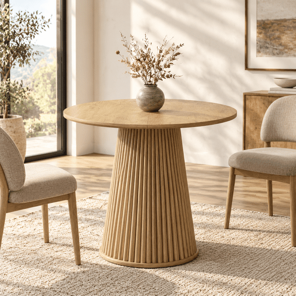 Wood Round Fluted Dining Table, Seats 2-4, 31.5 Inch Small Kitchen Pedestal Table