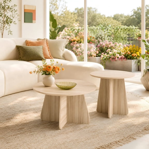 Wood Round Nesting Coffee Table Set of 2, MDF Side Tables with Crisscross Legs for Living Room