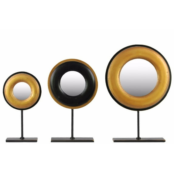 Wood Round Sculpture with Mirror Set of 3 - Gold and Black -Benzara