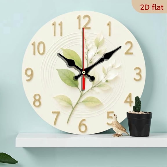 Wood Round Wall Clock - Silent Non-Ticking 10-Inch Green Plant Leaf Print Decor for Living Room, Bedroom, Dining Room, Office, Battery Operated (AA Not Included)