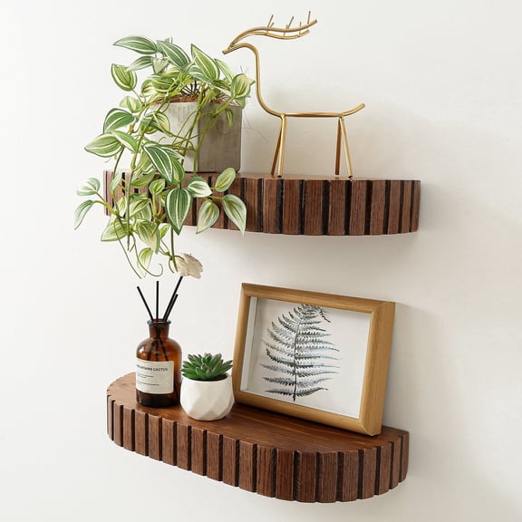 Wood Rounded Fluted Floating Shelf Set of 2, 16Wx5.5D Inch Modern Display Shelf with Decorative Edge, Rustic Hanging Storage for Plants, Books, Photos & Home Dcor