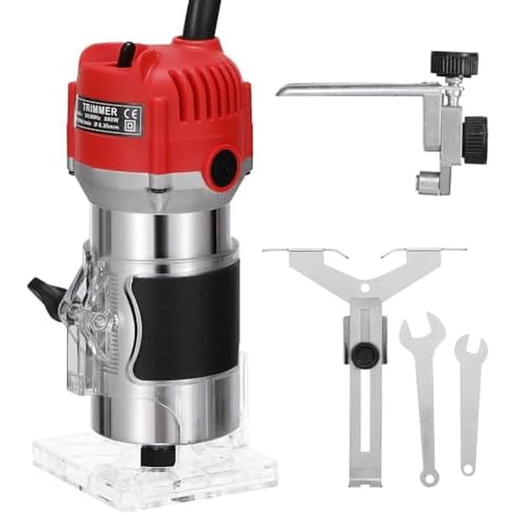 Wood Router, 110V 800W Compact Router Tools 30000r/min with Transparent Base Edge Guide Electric Trimmer Compact Palm Router Corded for Woodworking Trimming Slotting Notching/Aluminum Red