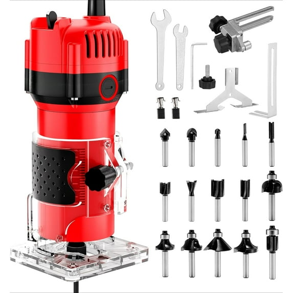 Wood Router, 800W Wood Routers for Woodworking, 6.5Amp 1.25HP Hand Wood Router Tool, 30000R/MIN Compact Edge Trimmer with 15 1/4" Router Bit Set, Red