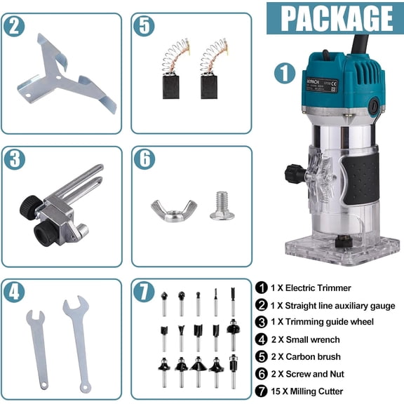Wood Router - Electric Hand Wood Router Tool with 15PCS 1/4" Router Bit Set, 110V 800W 30000RPM