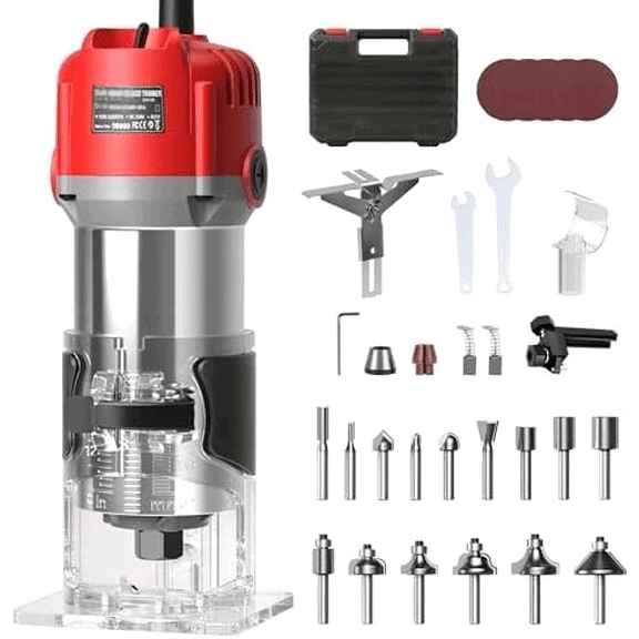 Wood Router Tool, 6.5 Amp 1.25 HP Wood Routers for Woodworking, Silver Metal Housing 1/4" Compact Router with 15-Piece Trim Router Bits, 6 Variable Speeds, Edge & Roller Guides, Dust Hood, Case