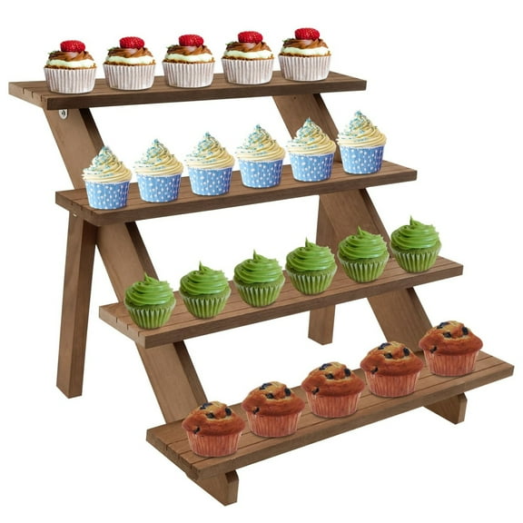 Wood Rustic Cupcake Stand for 24 Cupcakes, Stepped Wooden Display Stand for Weddings, Tiered Party Table Display Riser for Food , Dessert, Cookie, Decor, Craft Show, Burnt