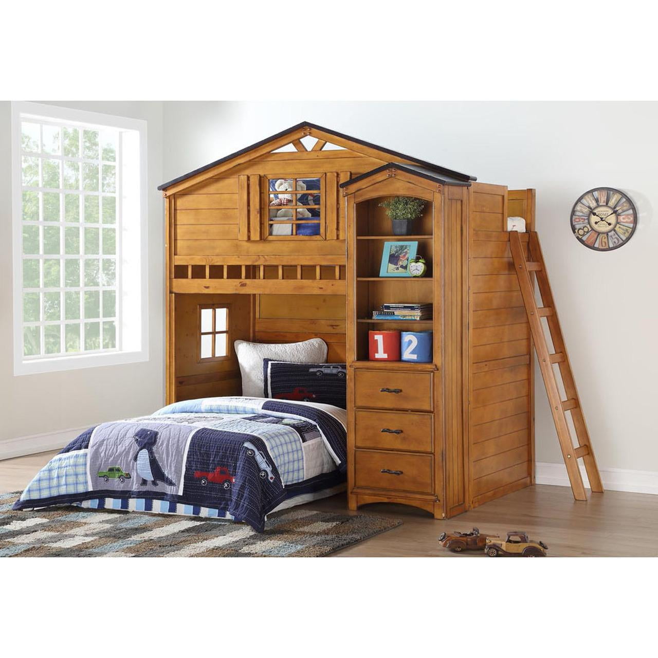 Wood Rustic Oak Loft Bed Bookshelf by Acme Tree House 10160 2pcs