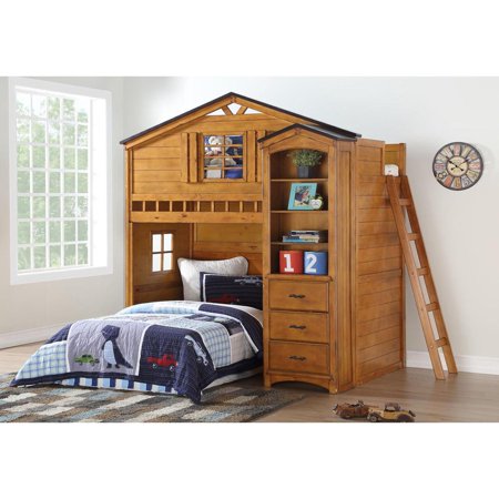 Wood Rustic Oak Loft Bed + Bookshelf by Acme Tree House 10160-2pcs