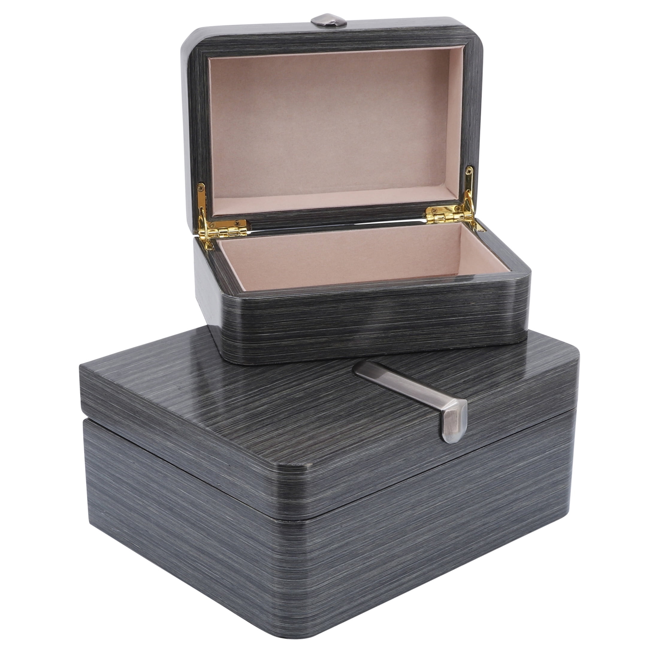 Set of Two Gray Wood Boxes with Metal Clasp and Fabric Interior