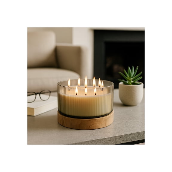 Decorative Ribbed Glass Scented Candle with Wood Base for Men and Women - Stylish Large Votive Candle for Outdoor and Indoor Area - Elegant Living Room, Bedroom, or Bathroom Decor - 7", Ivory & Brown