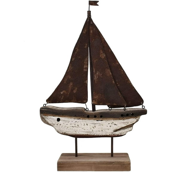 Wood Sailboat Decor Nautical Decoration, 15" H Sail Boat Decor Display Rustic Nautical Beach Theme Room Decor Nautical Tabletop Decor for Living Room Bathroom Home Decor (White)