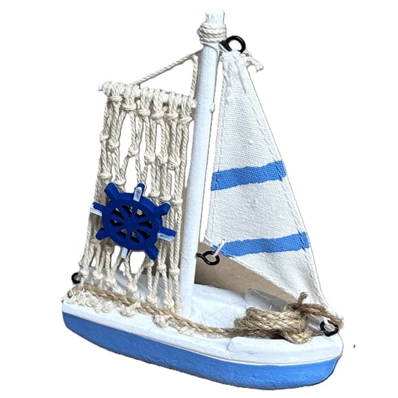 Wood Sailboat Nautical Decor Blue and White Canvas Sail Coastal Boat Figurine 5.75"