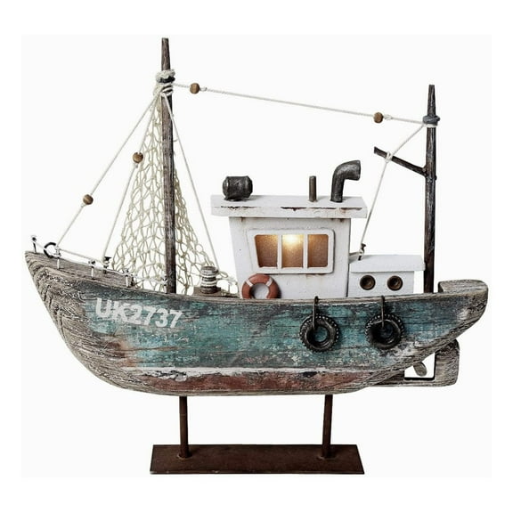 Wood Sailboat Nautical Decor with LED Light - Decorative Sailing Boat Model Beach Themed Ship Table Centerpiece Rustic Distressed Ocean Decoration Boats Figurine Ornaments