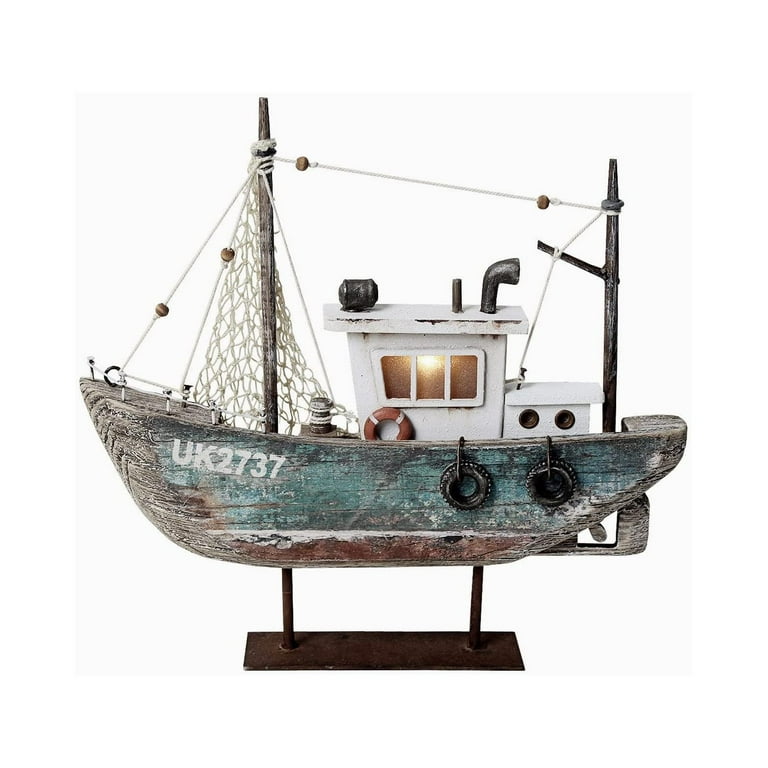 Wood Sailboat Nautical Decor with LED Light - Decorative Sailing Boat Model  Beach Themed Ship Table Centerpiece Rustic Distressed Ocean Decoration  Boats Figurine Ornaments 