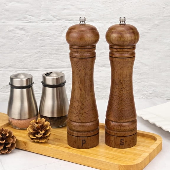 Wood Salt and Pepper Grinder Set, Salt Mill Pepper Grinder Set, Pepper Mill, Salt Shakers with Adjustable Ceramic Rotor- Oak Wood Pepper Grinder for Your Kitchen 8 inches - Pack of 2