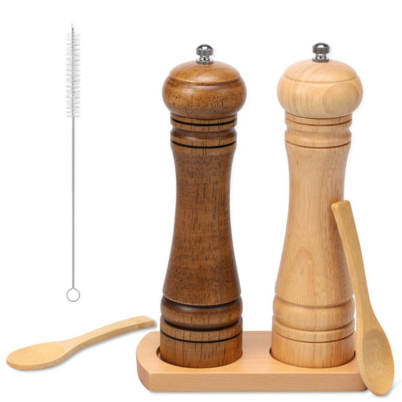 Wood Salt and Pepper Grinder Set with Spoon Coarseness Adjustable Salt Pepper Mill Grinder Practical Salt and Pepper Shakers with Base Reusable Pepper Mill Grinder for Home Kitchens
