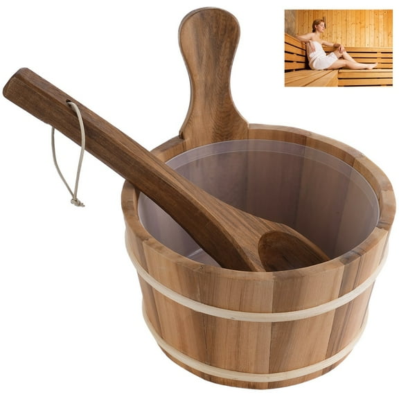 Wood Sauna Bucket and Ladle, 1 Gallon Handmade Cedar Wooden Sauna Bucket with Plastic Liner, 4L Hot Tub Barrel, Natural Wood Bucket, Accessories for Sauna, Spa, Bathrooms