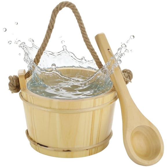 Wood Sauna Bucket and Ladle Set, 6L Natural Wooden Bucket with Rope Handle & Long Handle Spoon, Saunas Accessories Kit for Steam Baths
