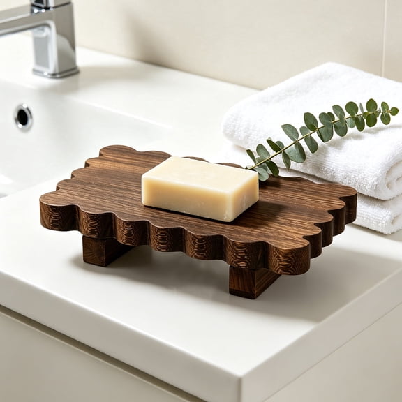 Wood Scalloped Soap Tray,Wood Riser Tray with Wavy Edge,Decorative Pedestal Stand for Bathroom Sink Kitchen Countertop,8.7 x 5.9 x 1.6 inches