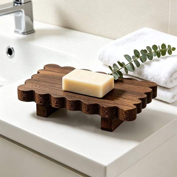 Lzvxtym Wood Scalloped Soap Tray,Wood Riser Tray with Wavy Edge,Decorative Pedestal Stand for Bathroom Sink Kitchen Countertop,8.7 x 5.9 x 1.6 in