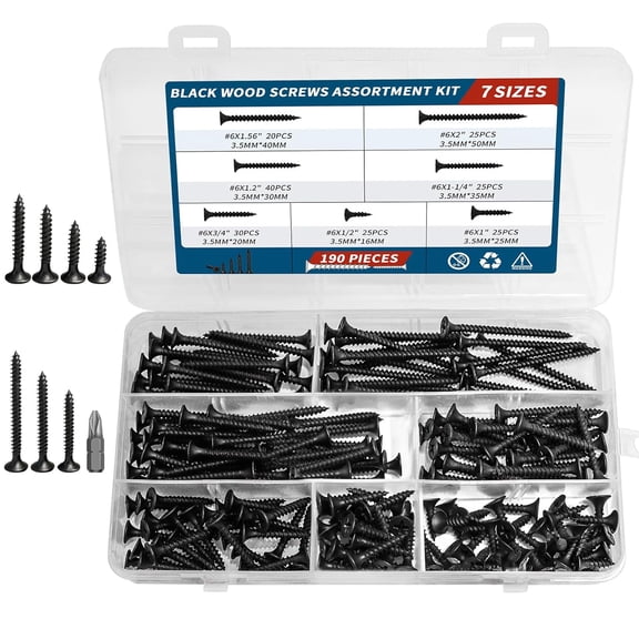 Wood Screws Assortment Kit, 190 PCS High Hardness Drywall Screw with Phillips Drive Flat Head, 7 Different Sizes Black Flat Head Wood Screws Set, Ideal Nail for Sheetrock, Drywall or Others