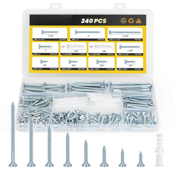 Wood Screws Assortment Kit, 240 PCS High Hardness Flat Head Wood Screws Set, Phillips Drive Assorted Screws, Contain Anchors and 8 Size (2-1/2”,2”,1-1/2”,1-1/4”,1”,3/4”,5/8”,1/2”), Yellow Zinc