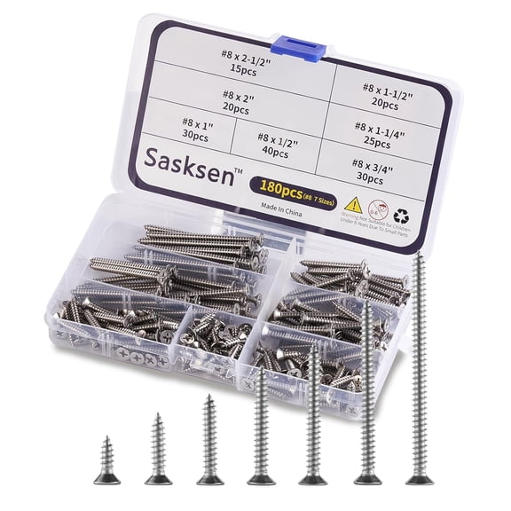 Wood Screws Assortment KitSize #8 180 Pcs,Stainless Steel 18-8 Phillips Drive Flat Head,Self Tapping,Coarse Thread Screws,7 Sizes Assorted Screws (3/4",1/2" 1", 1-1/4", 1-1/2", 2", 2-1/2")
