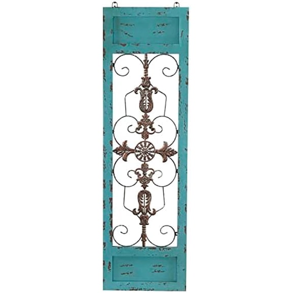 Wood Scroll Home Wall r Arabesque Wall Sculpture with Metal Fleur De Lis Relief, Wall Art 14" x 1" x 47", Teal