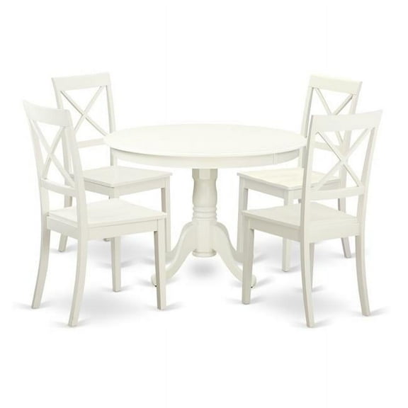 Wood Seat Dining Set - 1 Round Table & 4 Chairs with Solid, Linen White - 5 Piece - 42 in.
